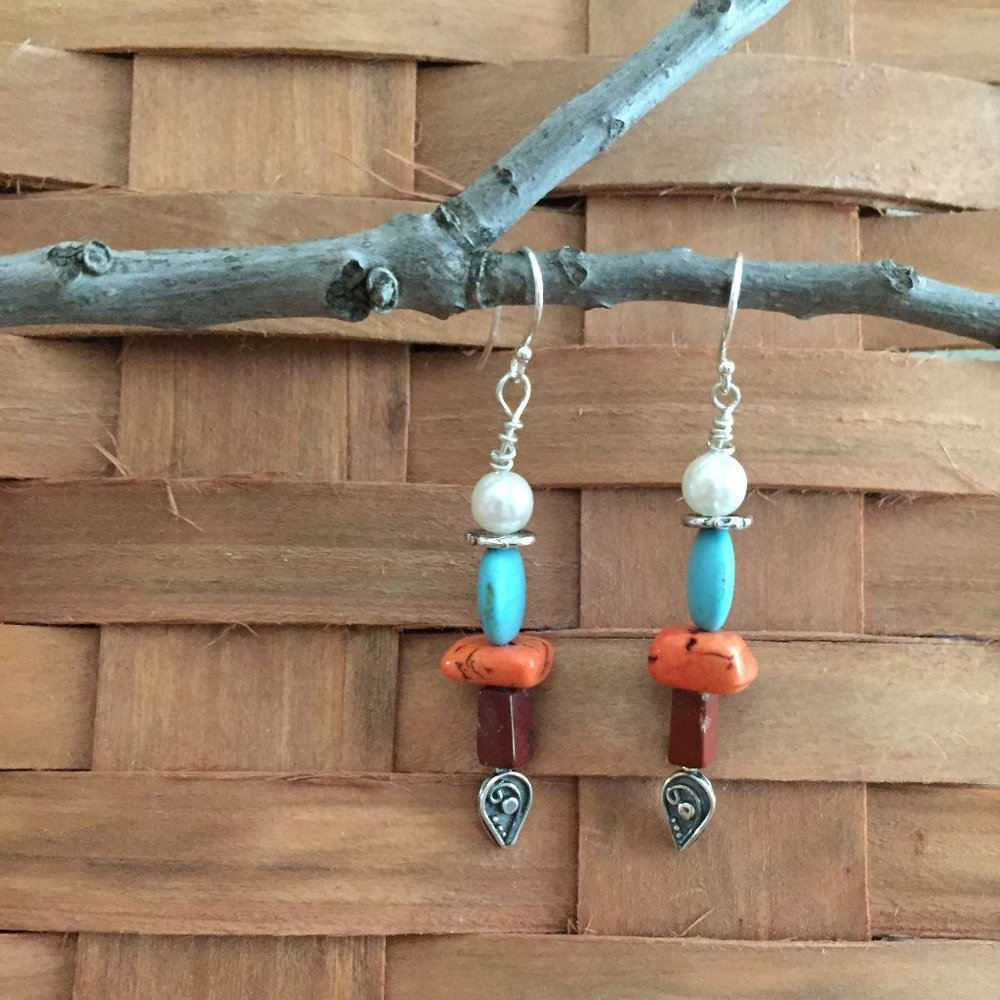 925 SS Organic Stones and Beads Dangle Earrings